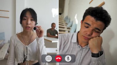 Bir adam ve bir kadın çevrimiçi bir görüşme sırasında ekranda konuşuyorlar. Kadın nişanlı görünürken adam can sıkıntısı belirtileri gösteriyor. Basit ayarlardalar..