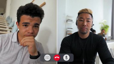 Bir adam çevrimiçi görüşme sırasında bilgisayarının başında oturuyor. Konuşurken can sıkıntısı ve yorgunluk belirtileri gösteriyor. Çağrı sırasında ifadesi birkaç kez değişmiş..