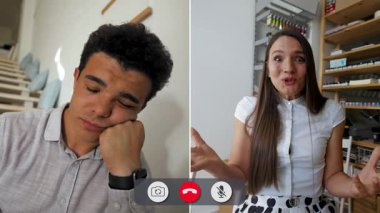 Arkadaşı heyecan gösterirken bir adam online arama sırasında sıkılmış görünüyor. Konuşmaları, gerçek zamanlı olarak yakalanan farklı duyguları ortaya çıkarıyor..