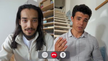 Bölünmüş ekranda iki adamın olduğu bir ekip araması yapılıyor. Bir adam iş arkadaşlarıyla konuşurken sıkılmış görünüyor. Ayarlar rahat ve rahat görünüyor..