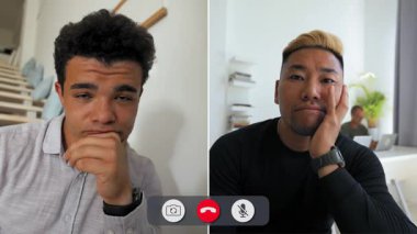 İki adam çevrimiçi bir görüşme yapıyor ve beklerken sıkılmış ifadeler sergiliyorlar. İkisi de nişanlı değil ve konuşmayla ilgilenmiyor gibi görünüyor..