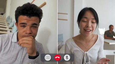 Bir adam çağrı sırasında can sıkıntısı gösterir. O, bir arkadaşının konuşmasını dinler. Ayar, arka planda birkaç kişi ve temiz ışıklandırmalı beyaz bir oda..