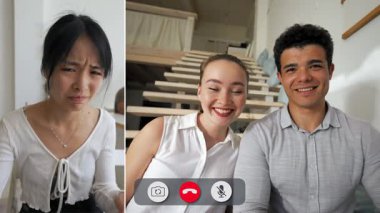 İki çift öğrenci canlı bir online görüşme ile birbirlerine bağlanıyorlar, neşe ve sürpriz sergiliyorlar. Harekete geçtiklerinde, duygular değişiyor, gülüyor ve anları paylaşıyor, canlı bir atmosfer yaratıyor..