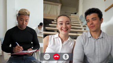 İki öğrenci çevrimiçi bir çağrıya katılarak, karşılıklı gülümseme ve ifade alışverişinde bulunuyor. Kahkaha, fikirleri paylaştıkça ve kendi alanlarından sıcak bir şekilde bağlandıkça havayı doldurur..