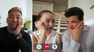 Öğrenciler ve öğretmenler çevrimiçi bir çağrı sırasında odaklanmış ifadelerini paylaşarak, öğrenmedeki güçlükleri ve kararlılığı sergiliyorlar. Bölünmüş ekran onların etkileşimlerini vurgular.