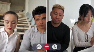 Sıkılmış öğrenciler çevrimiçi bir çalışma oturumuna katılıyorlar, ödevleri ve fikirleri tartışırken çeşitli konulardaki düşüncelerini paylaşıyorlar.