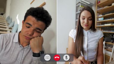 Bir kadın konuşurken, bir erkek çevrimiçi görüşme sırasında sıkılmış görünüyor. İkisi de ayrı odalarda ve ayrı bir ekran görüntüsü paylaşıyorlar..