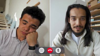 Çevrimiçi arama sırasında ekranda bir adam beliriyor. Konuşmaya odaklanırken can sıkıntısı belirtileri gösteriyor. Çağrı devam ettikçe ifadesi değişiyor..