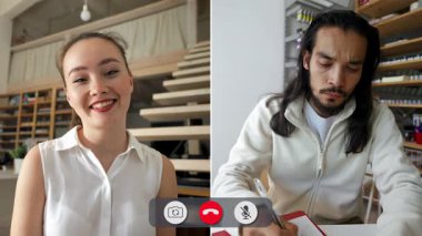 Öğrenciler çevrimiçi bir ders sırasında farklı duyguları paylaşıyorlar. Biri sevinçten bahsederken diğeri odaklanmış ve kararlı görünüyor. Ekran aracılığıyla dinamikleri öğrenme.