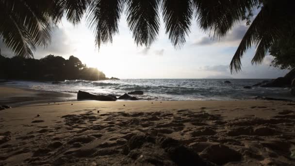 Закат пляжа Сейшельских островов с видом на синий океан — стоковое видео