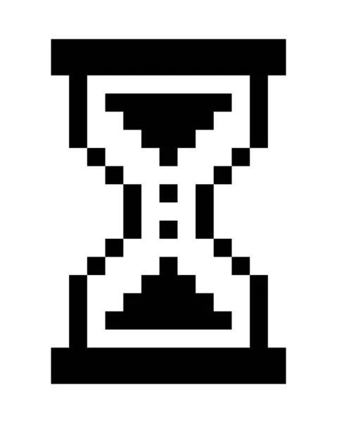 Piksel sanat kum saati simgesi. Retro 8 bit kum zamanlayıcısı sembolü. Bekleme, yükleme, geri sayım, oyun tasarımı ve klasik stil projeleri için zaman kavramını temsil eden minimal siyah ve beyaz dijital illüstrasyon