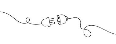 Electric plug and socket. Simple black line illustration of disconnected electric plug and socket. Editable stroke. Power cable connection concept for energy, technology, or communication design