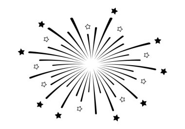 Parlayan çizgiler ve yıldızlarla havai fişek patlaması. Yılbaşı partisi, Bağımsızlık Günü ya da tatil süslemeleri için basit bir soyut kutlama tasarımı