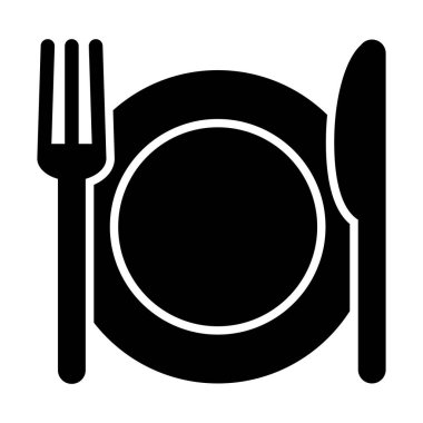 Çatal ve bıçaklı bir yemek tabağının siyah silüeti. Beyaz arka planda izole edilmiş basit restoran simgesi. Kafe, yemek servisi, menü ve mutfak tasarımı konseptleri için minimalist yemek ve yemek sembolü