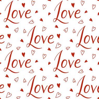 Kusursuz bir romantik aşk modeli, kırmızı kalpler ve beyaz arka planda el yazısıyla yazılmış bir aşk. Paket kağıdı, düğün dekorasyonu, tekstil, duvar kağıdı ve romantik hediye paketi için Valentine tasarımı.