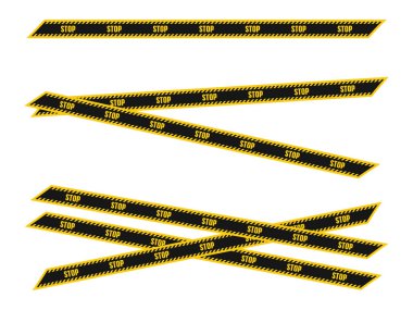 Gerçekçi sarı ve siyah stop bandı hazır. Polis için dikkat hattı koleksiyonu, uyarı, tehlike veya güvenlik konsepti. Tasarım, bayrak ve uyarı temaları için vektör illüstrasyonu