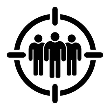 Hedef kitle konsepti. Odak çemberinin içindeki üç kişinin simgesi. Pazarlama, müşteri, iş, takım ve stratejinin sembolü. Basit düz tasarım