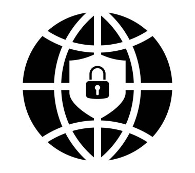 Kalkan ve asma kilit sembollü küresel internet güvenlik simgesi. Çevrimiçi koruma, veri gizliliği, siber güvenlik, güvenli ağ ve dijital şifreleme kavramı. Teknoloji tasarımı için resim