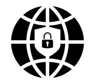 Kalkanı ve asma kilidi olan küresel ağ güvenlik simgesi. İnternet koruması, çevrimiçi gizlilik, siber güvenlik, veri şifreleme ve dijital güvenlik sembolü. Web ve teknoloji tasarımı için resim