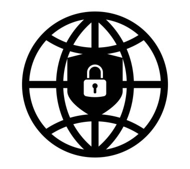 Kalkanı ve asma kilidi olan küresel internet güvenlik simgesi. Çevrimiçi koruma, veri gizliliği, siber güvenlik, güvenli ağ ve dijital şifreleme sembolü. Teknoloji ve web tasarımı için vektör illüstrasyonu