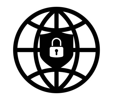 Küresel internet güvenlik simgesi bir kürenin içinde asma kilit ve kalkan gösteriyor. Çevrimiçi koruma, gizlilik, siber savunma, veri güvenliği ve dijital dünyada güvenli ağ bağlantısı kavramı.