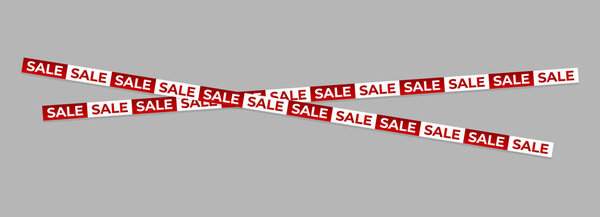 Red and white SALE tape crossing on a light gray backdrop. Suitable for discount advertising, promotion posters, marketing banners, shopping offers and retail commercial design