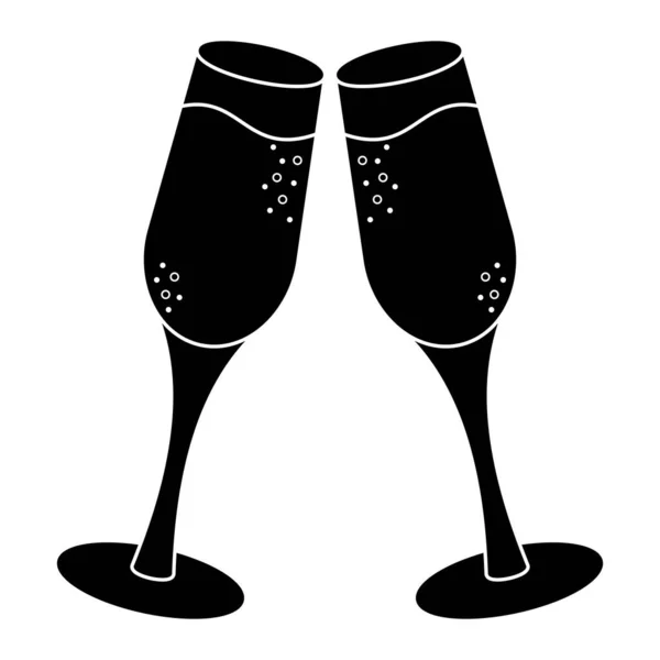 İki kadeh şampanya. Köpüklü iki şampanya bardağının siyah silueti. Kutlama, parti, aşk, düğün, yıldönümü için en az kaliteli köpüklü tost ikonu.