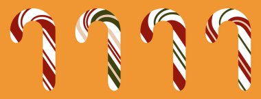 Turuncu arka planda dört adet kırmızı, yeşil ve krema renginde bayram tasarımları, mevsimlik grafikler ve kartlar içeren Noel şekeri çizimleri.