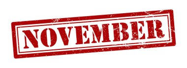 Kırmızı Kasım kauçuk çizimi, şeffaf arkaplanda izole edilmiş. Ayın Kasım ayına ait sıkıntılı dikdörtgen etiketli. Takvim tasarımı için Grunge mürekkep efekti tipografisi, planlayıcı