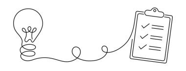 Tamamlanmış fikir, çözüm ve görev yönetimini sembolize eden kontrol listesine bağlı ampul. Üretkenlik, planlama, başarı ve problem çözme için minimalist sürekli çizgi sanatı kavramı