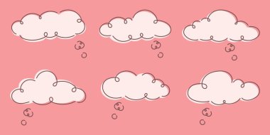 Yumuşak pembe arka planda kıvrımlı karalama çizgileri olan şirin baloncuk bulutları çizimi. Çocuk yuvası tasarımı için el çizimi tarzında eğlenceli gökyüzü unsurları.