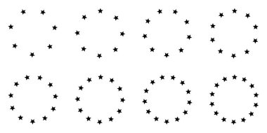 Yuvarlak şekillerde dizilmiş siyah yıldızların çoklu varyasyonlarıyla dairesel yıldız desen çizimi, arka planlar, çerçeveler, rozetler, logolar, posterler ve grafik için minimal düz dekoratif tasarım