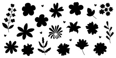 Çiçekli Siyah Çiçek Silueti Yaprak Kalpler ve Botanik Elementleri. Basit El Çizimleri Çiçek Şekilleri Koleksiyonu Tasarım ve Dekorasyon İçin İzole Edildi