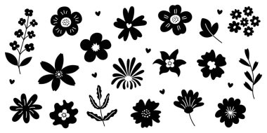 El çizimi çiçekli Siyah Çiçek Koleksiyonu Kalpler ve Botanik Şekilleri Tasarım Dekorasyonu ve Yaratıcı Projeler İçin İzole Edilmiş Minimum Organik Şekiller