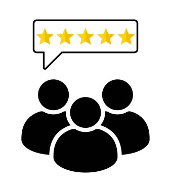 Beş Yıldızlı Müşteri Değerlendirmesi İnsan ve Konuşma Baloncuğu Değerlendirme Memnuniyeti Güven Kalite Değerlendirmesi Konsepti. Beş yıldızlı insanlar grubu.