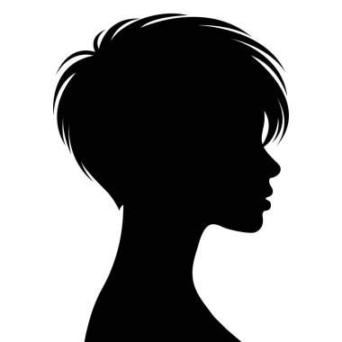 Kısa saç kesimi olan kadın profili silueti zarif kadın baş tarafı görünümü minimal siyah avatar ikonu güzellik tasviri düz vektör çizimi