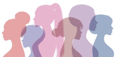 Kadın profili siluetleri koleksiyonu. Farklı ırktan kadınlar yan yana dururlar. Kadınlar, farklı saç stilleri, farklı moda renkleri ile karşı karşıya.