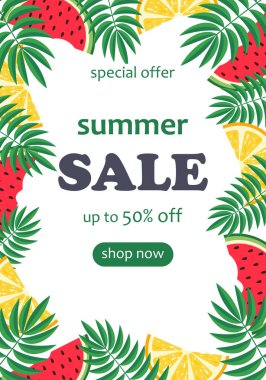 Yaz indirimi afişi tropikal meyveler portakal karpuz yaprakları çerçeve mevsimsel indirimli poster parlak tatil tanıtım şablonu resimleme arka planı