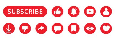 Abone düğmesi ve sosyal medya simgesi çizimi, çan oyunu yorumları gibi kırmızı yorum indirme ve kullanıcı sembolleri, içerik platformunu yayınlamak için video kanalı arayüzü ögeleri
