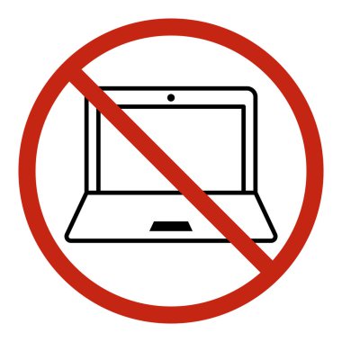 Dizüstü bilgisayar sembolü çizimi yok, kırmızı daire ve köşegen çizgili bilgisayar yasağı işareti, kısıtlı aygıt uyarı simgesi, güvenlik politikası için teknoloji yasağı kavramı, çevrimdışı kural dijital kısıtlaması