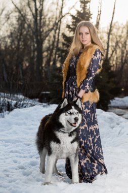 Serious woman in a fur hat with a Husky dog  clipart