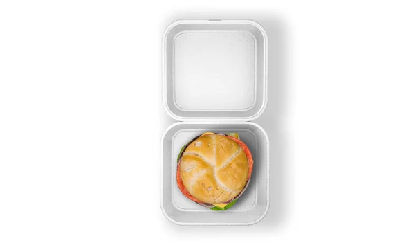 带有汉堡桶的白色食品容器贴纸 — 图库照片