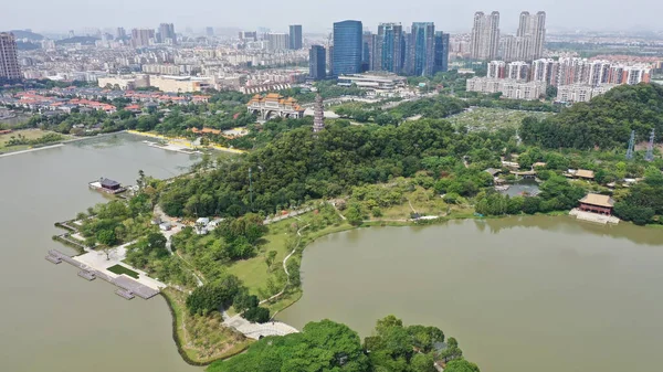 top view of the lake in the Park. Mountain Shunfengshan Park, Foshan City, China