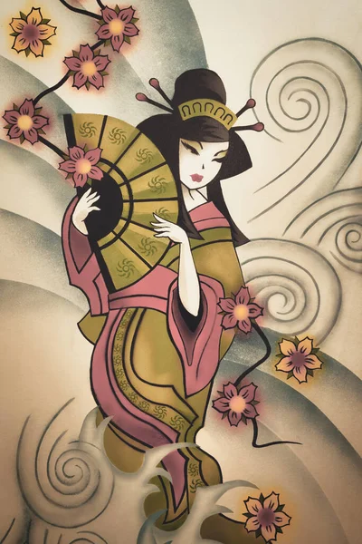 Rysunek Gejszy Tradycyjnym Japońskim Stylu — Zdjęcie stockowe