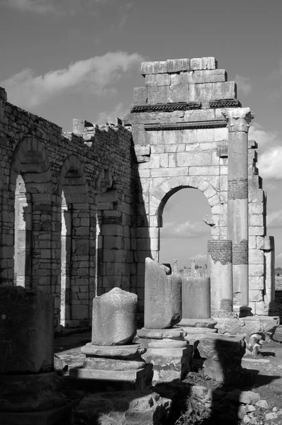 Volubilis Régészeti Lelőhelye Marokkóban Fekete Fehérben — Stock Fotó