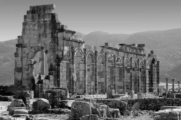 Volubilis Régészeti Lelőhelye Marokkóban Fekete Fehérben — Stock Fotó