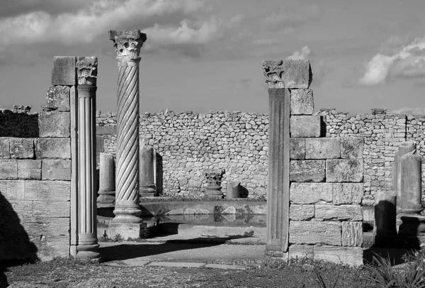 Arkeologiska Fyndplatsen Volubilis Marocko Svartvitt — Stockfoto