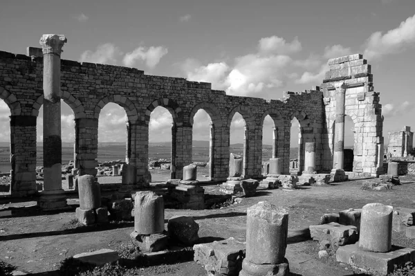 Volubilis Régészeti Lelőhelye Marokkóban Fekete Fehérben — Stock Fotó