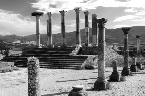 Archeologické Naleziště Volubilis Maroku Černobílé — Stock fotografie