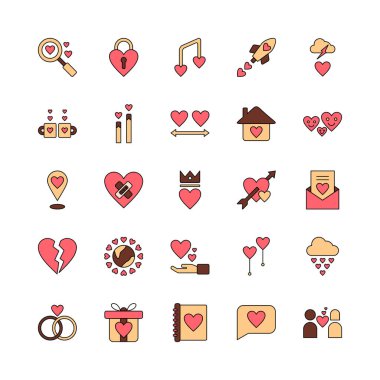 Aşk ikonu seti. Aşk ikonu koleksiyonu, kırık kalp, aşık olmak, çift, alyans ve daha fazlası gibi. Doldurulmuş özet biçimi.